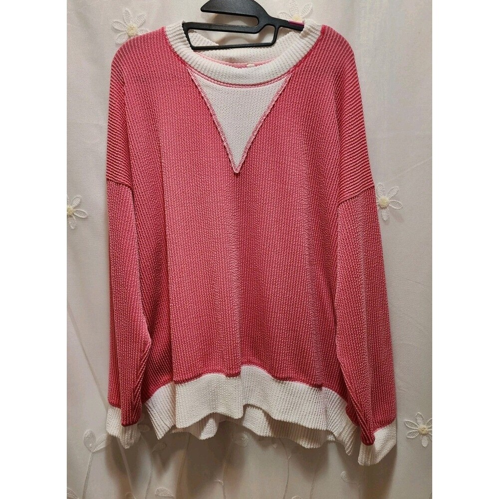 MAGIC FIT WOMEN S/M PINK WHITE SWEATER RIBBED KNIT OVERSIZED RELAXED COMFY LOOSE
